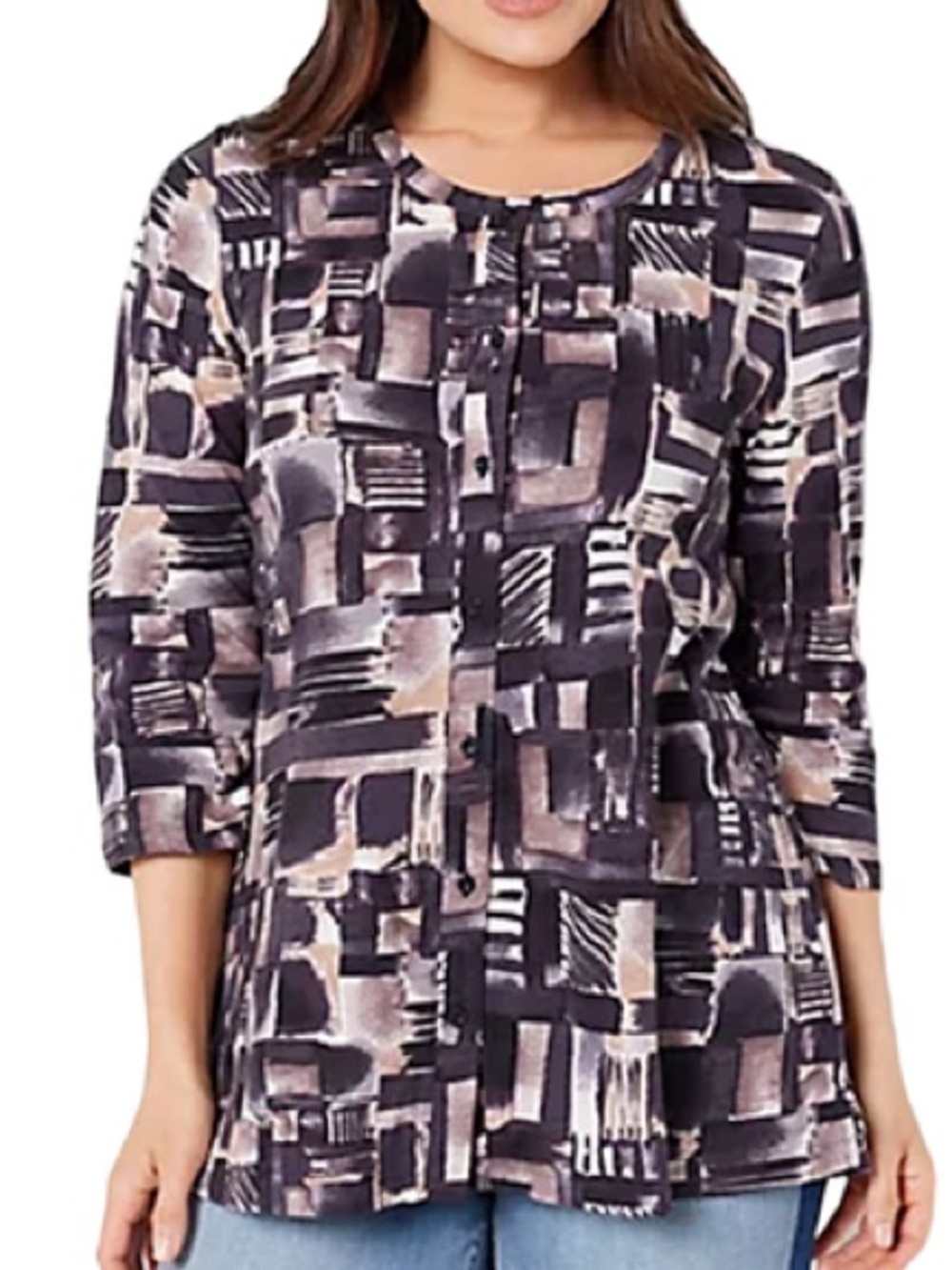 LOGO by Lori Goldstein Cotton Slub 3/4 Sleeve Cardigan Abstract Print Button Top